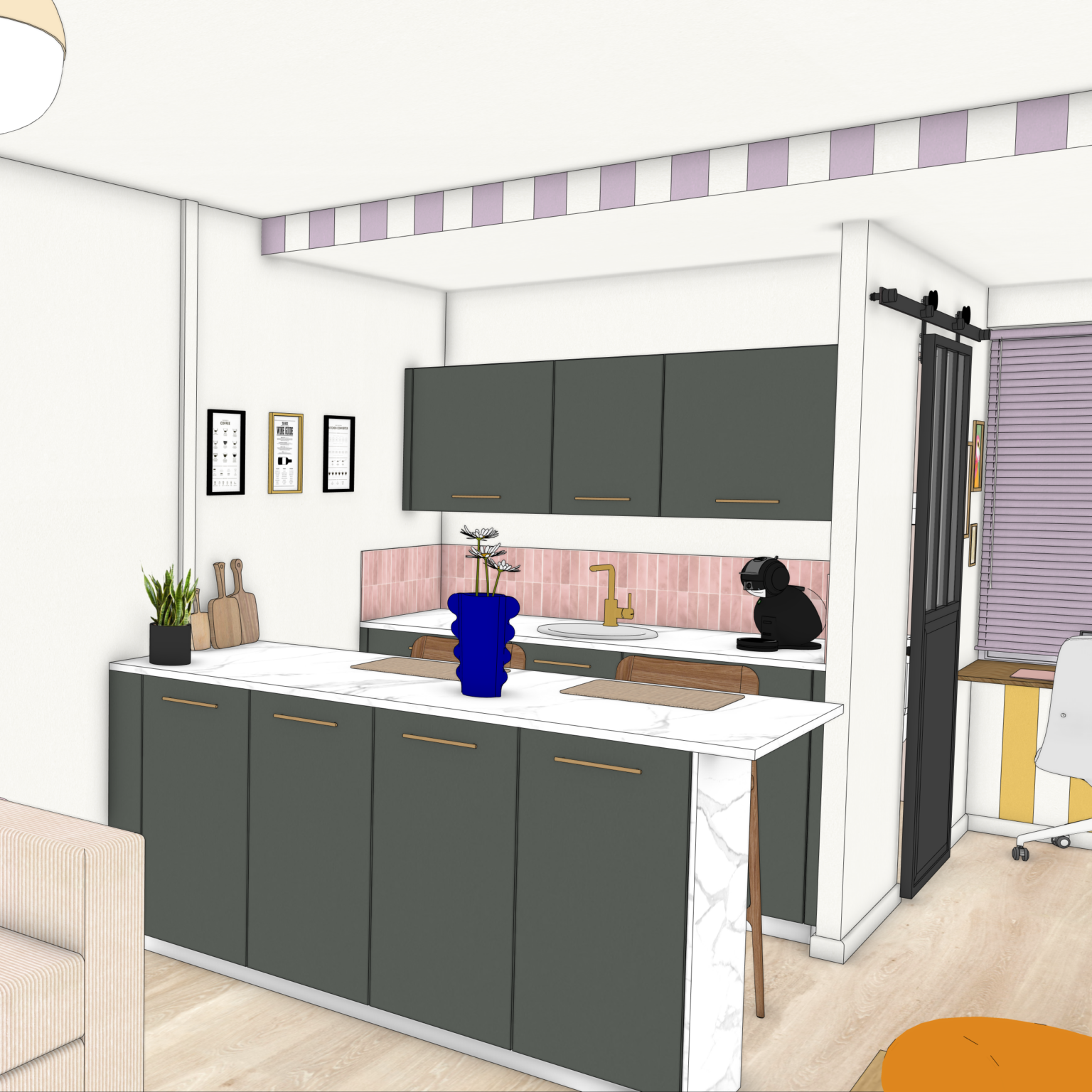 Projection 3D cuisine studio multifonction moderne