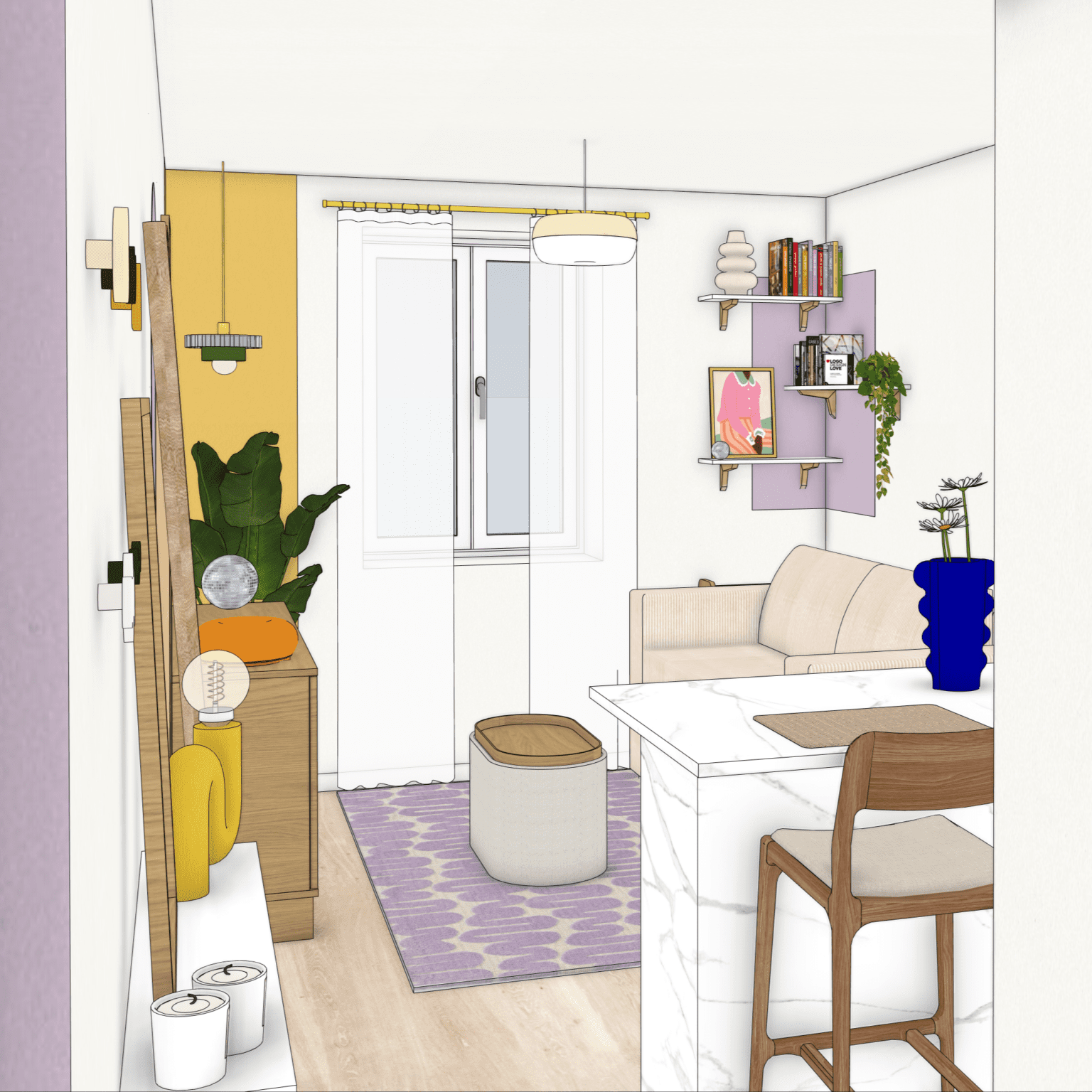 Projection 3D studio multifonction coin repas coloré