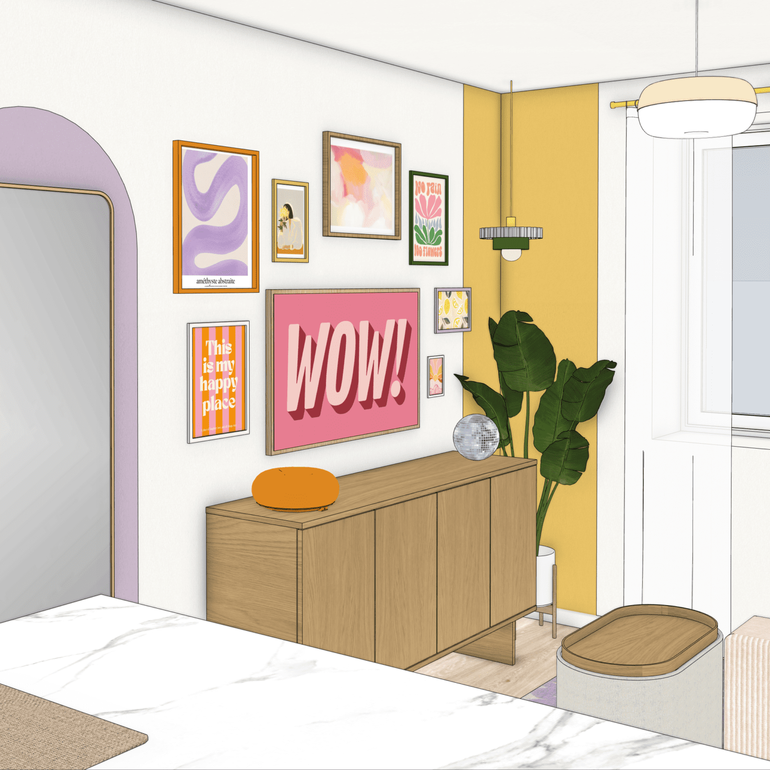 Projection 3D studio multifonction vitaminé salon moderne